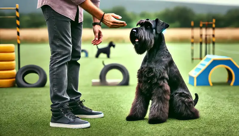 Bild eines Riesenschnauzers, der aufmerksam auf einem Trainingsplatz sitzt und den Anweisungen seines Trainers folgt. Der Hund zeigt einen konzentrierten und gehorsamen Ausdruck und hat einen kraftvollen, muskulösen Körperbau, typisch für die Rasse. Der Trainer belohnt den Hund mit positiver Verstärkung. Im Hintergrund sind Trainingsgeräte und eine offene, grüne Fläche zu sehen, die die ideale Umgebung für das Training dieser intelligenten und lernfähigen Rasse bieten.