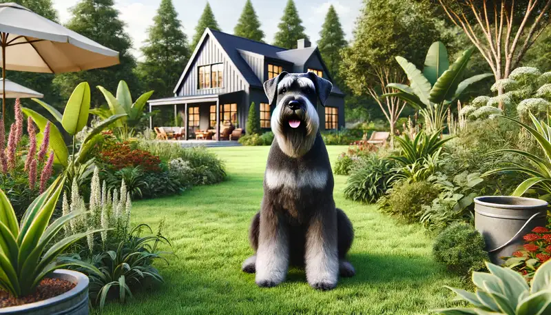 Bild eines Riesenschnauzers, der glücklich in einem geräumigen Garten sitzt, umgeben von üppiger grüner Vegetation. Im Hintergrund ist ein gemütliches Haus zu sehen. Der Hund wirkt entspannt und zufrieden, während er die Umgebung genießt. Die Szene betont die Anpassungsfähigkeit des Riesenschnauzers an verschiedene Wohnsituationen und seine Liebe zur Natur.