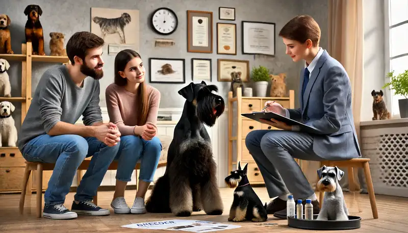 Bild einer jungen Familie, die von einem Züchter in einem gemütlichen Raum beraten wird. Im Raum sitzt ein Riesenschnauzer und zeigt seine imposante Erscheinung. Die Umgebung ist warm und einladend, mit verschiedenen hundebezogenen Gegenständen, Zertifikaten und Hundepflegewerkzeugen, die die professionelle und fürsorgliche Atmosphäre des Züchters betonen.