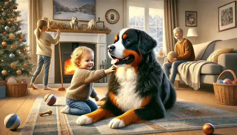 Berner Sennenhund zeigt Persönlichkeit und Temperament: Ein Berner Sennenhund sitzt ruhig, während ein Kind ihn umarmt, spielt mit einem anderen Kind Apportieren und ruht sich vor einem gemütlichen Kamin aus. Der Hund hat ein glänzendes, dreifarbiges Fell und einen freundlichen, intelligenten Ausdruck. Die Szene veranschaulicht seinen Charakter und die sanfte, verspielte und loyale Natur des Berner Sennenhundes in einer warmen und herzlichen Atmosphäre.