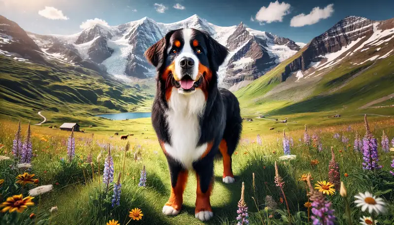 Berner Sennenhund in voller Pracht in einer Alpenwiese: Ein Berner Sennenhund mit glänzendem, dreifarbigem Fell steht stolz in einer alpinen Wiese, umgeben von schneebedeckten Bergen, grünem Gras und bunten Wildblumen unter einem klaren blauen Himmel. Der Hund zeigt seine muskulöse und elegante Statur, mit freundlichem und intelligentem Ausdruck in den dunkelbraunen Augen und mittelgroßen, dreieckigen Ohren.