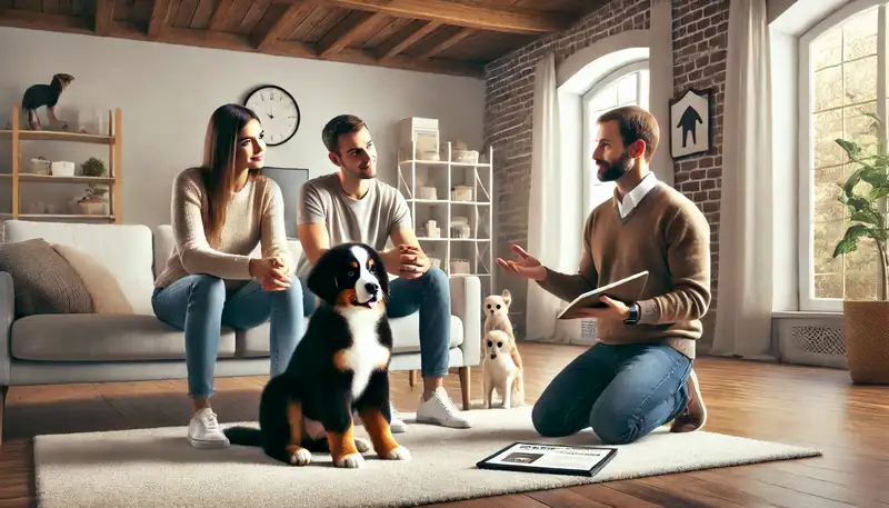 Berner Sennenhund Züchter berät junge Familie über Berner Sennenhunde: Ein Züchter berät eine junge Familie in einem gemütlichen Raum über Berner Sennenhunde. Die Familie, bestehend aus Eltern und einem Kind, hört aufmerksam zu. Ein Berner Sennenhund mit glänzendem, dreifarbigem Fell sitzt ruhig in der Nähe, was eine warme und einladende Atmosphäre schafft. Die Szene betont die Bedeutung der Wahl des richtigen Züchters und der Vorbereitung auf das neue Haustier.