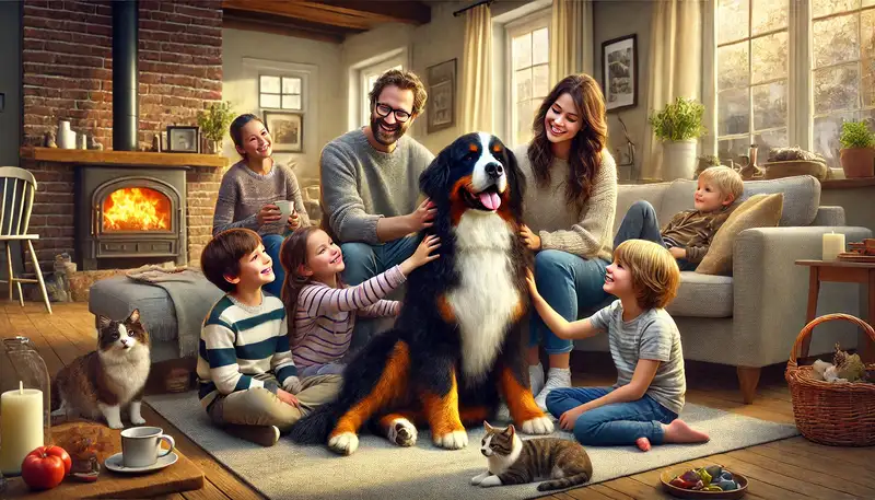 Berner Sennenhund im Wohnzimmer mit Familie: Ein Berner Sennenhund sitzt zufrieden im Wohnzimmer, umgeben von glücklichen Kindern, die ihn streicheln und umarmen. Die Eltern sitzen lächelnd und im Gespräch auf der Couch, während eine Katze friedlich auf der Fensterbank liegt. Der Raum ist von warmem Licht aus dem Kamin erleuchtet, was eine gemütliche, emotionale und herzliche Atmosphäre schafft, die das harmonische Familienleben mit einem Berner Sennenhund einfängt.