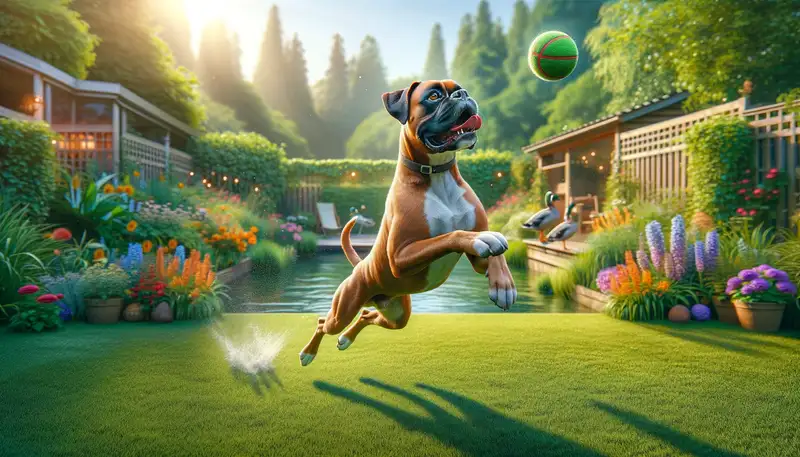 Deutscher Boxer in einem spielerischen Moment. Der Hund springt in einem grünen Garten, um einen Ball in der Luft zu fangen. Sein Gesichtsausdruck ist konzentriert mit fokussierten Augen und geschlossenem Mund. Im Hintergrund sind bunte Blumen, ein ruhiger Teich und einige Enten zu sehen. Die Sonne scheint und lässt das kurze, glänzende Fell des Boxers leuchten, was seine athletische und energetische Natur hervorhebt.