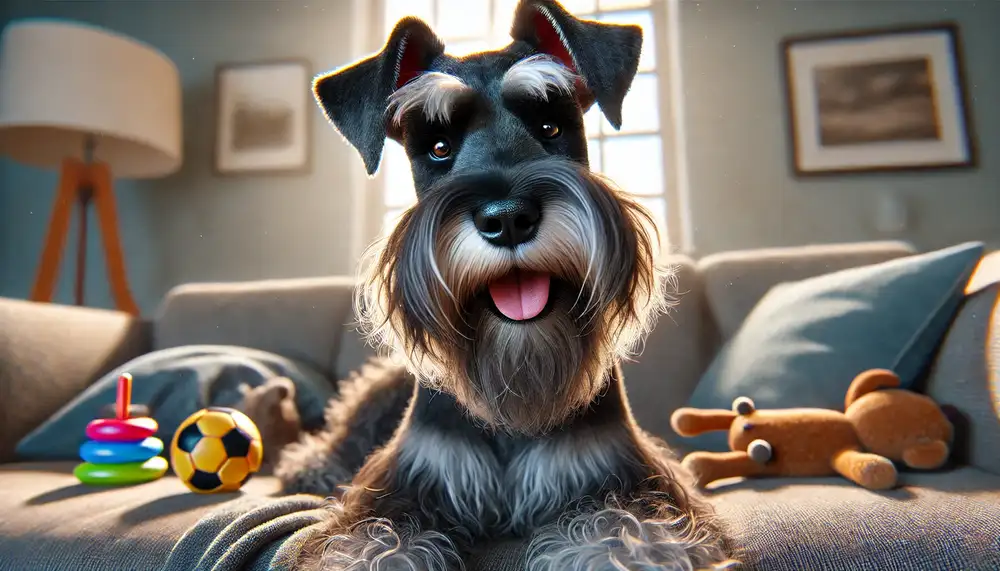 Riesenschnauzers mit buschigen Augenbrauen und Bart, der auf einer gemütlichen Couch sitzt. Umgeben von Hundespielzeug und einer Decke in einer häuslichen Umgebung, strahlt der Hund Zufriedenheit und Glück aus. Im Hintergrund fällt Sonnenlicht durch ein Fenster und verleiht der Szene Wärme.