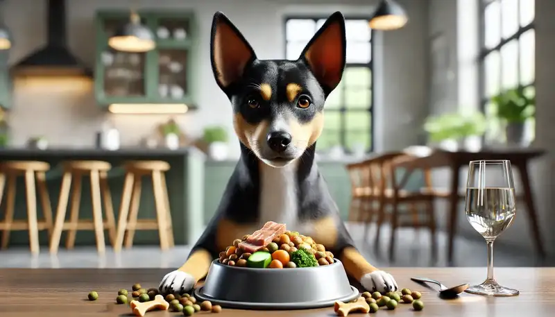 Taiwanhund der eine nahrhafte Mahlzeit genießt. Der Hund frisst aus einem Napf, der mit hochwertigem Hundefutter, frischem Gemüse und Fleischstücken gefüllt ist. Der Hintergrund zeigt eine saubere, moderne Küche, die von natürlichem Licht beleuchtet wird. Der Taiwanhund sieht gesund und zufrieden aus, was die Bedeutung einer ausgewogenen Ernährung betont.