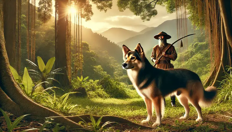 Ein Taiwanhund steht stolz neben einem indigenen Jäger in traditioneller Kleidung in einem üppigen Wald in Taiwan. Die dichte Vegetation und die entfernten Berge schaffen eine historische und tiefe Atmosphäre. Sonnenstrahlen filtern durch die Bäume und beleuchten die enge Bindung zwischen Hund und Jäger.