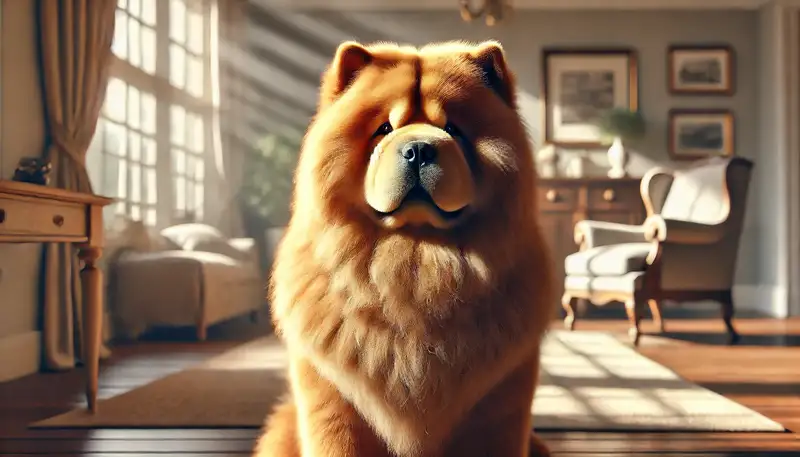 Ein Chow Chow sitzt ruhig und würdevoll in einem gemütlichen Innenraum mit weichem Sonnenlicht. Sein dichtes Fell und die aufmerksame Haltung unterstreichen seine unabhängige und stolze Natur.