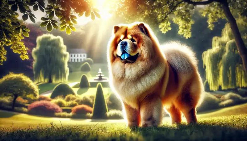 Ein majestätischer Chow Chow steht stolz in einer malerischen Parklandschaft, umgeben von grünem Laub und sanftem Sonnenlicht. Der Hund hat ein dickes, flauschiges Fell und eine löwenartige Mähne.