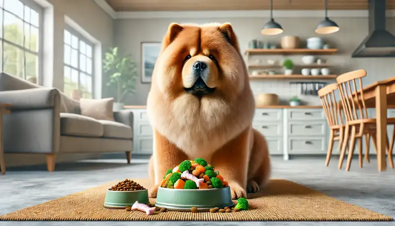 Ein Chow Chow sitzt neben einem Napf mit hochwertigem Hundefutter, das aus Trockenfutter, frischem Gemüse und Fischöl besteht. Die Szene spielt in einer modernen, gemütlichen Küche.