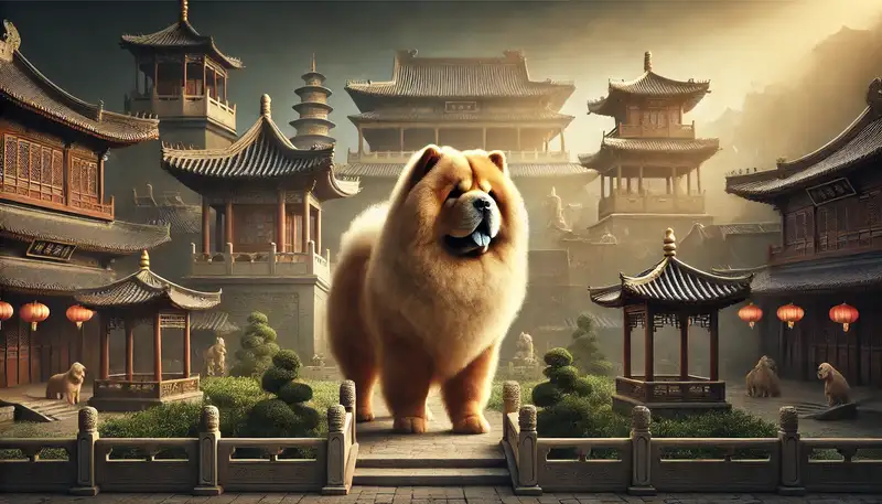 Ein majestätischer Chow Chow steht in einem historischen chinesischen Palasthof, umgeben von traditioneller Architektur, Pagoden und üppigen Gärten, die die kulturelle Bedeutung der Rasse widerspiegeln.