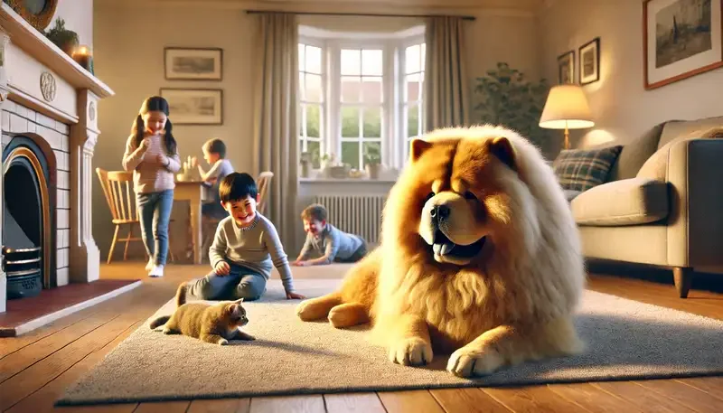 Ein Chow Chow liegt friedlich in einem gemütlichen Wohnzimmer, während Kinder in der Nähe spielen und eine Katze im Hintergrund ruht. Die entspannte Szene zeigt das harmonische Zusammenleben mit der Familie und anderen Haustieren.