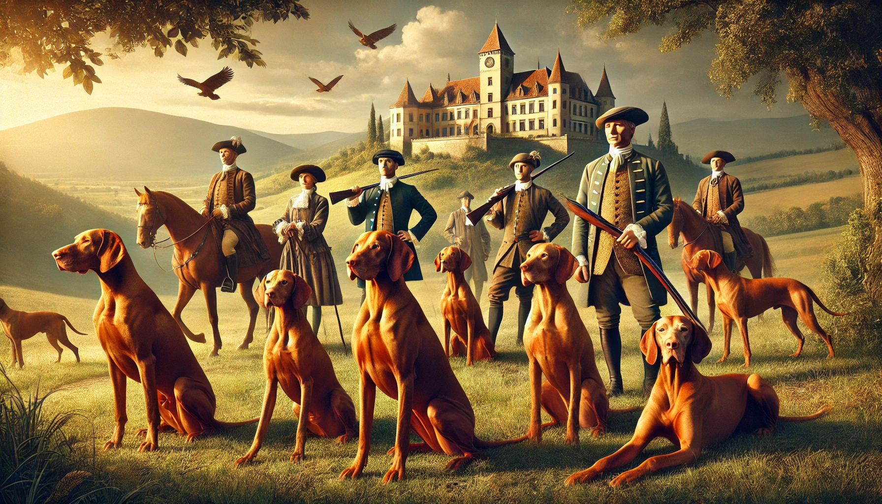 Historische Darstellung des Magyar Vizsla mit ungarischen Adligen auf einer Jagd, in einem idyllischen Landschaftssetting, das die Ursprünge und edle Haltung der Rasse zeigt.