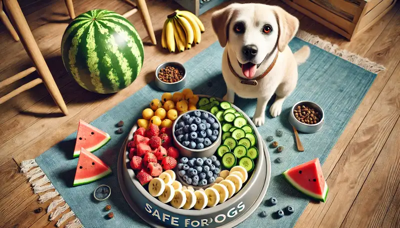 "Dürfen Hunde Äpfel essen: Ein Napf mit Bananen, Blaubeeren und Wassermelonen, ein glücklicher Hund sitzt daneben, zeigt die verschiedenen sicheren Obstsorten, die Hunde essen können."