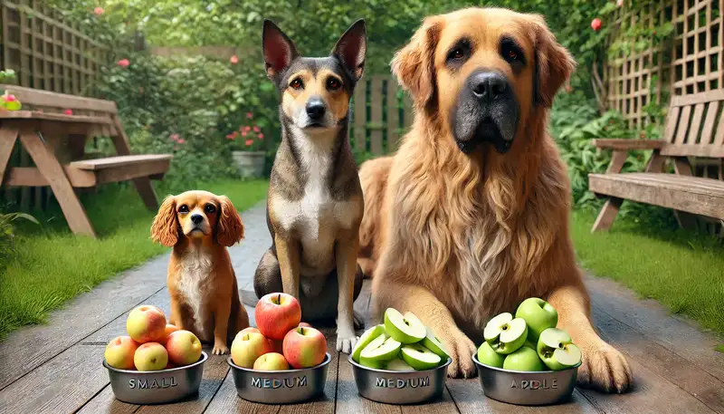 "Dürfen Hunde Äpfel essen: Kleine, mittlere und große Hunde sitzen neben Schalen mit unterschiedlich großen Portionen von Apfelscheiben, passend zur Hundegröße."