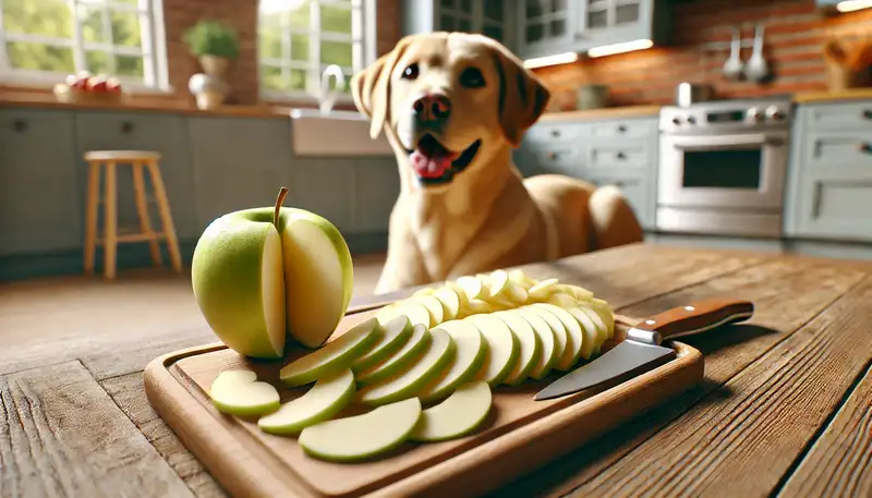 "Dürfen Hunde Äpfel essen: Geschnittene Apfelstücke auf einem Schneidebrett in der Küche, ein Hund schaut gespannt zu, zeigt die richtige Zubereitung und das sichere Servieren von Äpfeln für Hunde."