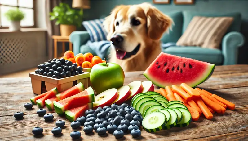 "Verschiedene gesunde Snacks für Hunde, darunter Äpfel, Blaubeeren, Karotten und Wassermelonenstücke – dürfen Hunde Aprikosen essen?"