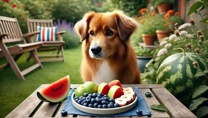 "Dürfen Hunde Erdbeeren essen: Ein Hund sitzt in einem Garten vor einem Teller mit sicheren Früchten wie Blaubeeren, Apfelscheiben, Bananen und Wassermelonen, die für Hunde gesund sind."