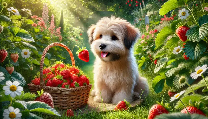 "Dürfen Hunde Erdbeeren essen: Ein glücklicher Hund in einem grünen Garten, der neugierig eine Erdbeere neben einem Korb voller reifer Erdbeeren betrachtet."