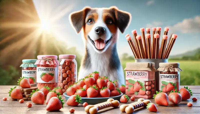 "Dürfen Hunde Erdbeeren essen: Eine Auswahl an Erdbeer-Hundeleckerlis, Kauknochen und Softsticks auf einem Tisch, mit einem neugierigen Hund, der daneben sitzt."