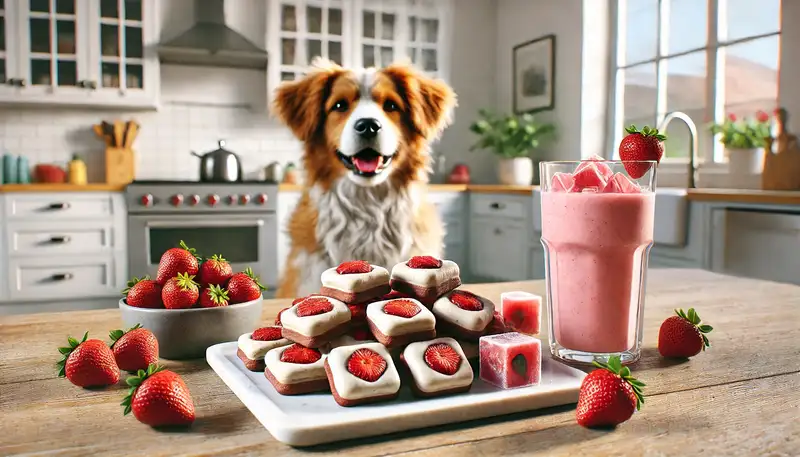 "Dürfen Hunde Erdbeeren essen: Eine Küchenszene mit Erdbeer-Hundekeksen, einem Erdbeer-Smoothie und gefrorenen Erdbeerwürfeln, während ein Hund neugierig zuschaut."