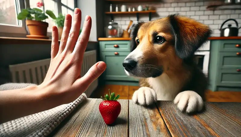 "Dürfen Hunde Erdbeeren essen: Ein Hund schaut neugierig auf eine Erdbeere, während eine menschliche Hand ein sanftes Stoppsignal gibt, um auf die Risiken hinzuweisen."