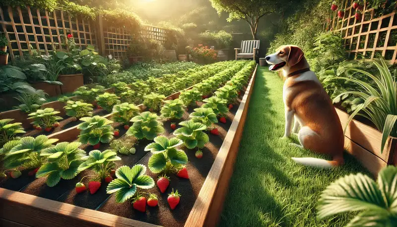 "Dürfen Hunde Erdbeeren essen: Ein ultra-realistischer Garten mit Erdbeerpflanzen in einem erhöhten Beet, umgeben von üppigem Grün und Sonnenlicht, ein Hund sitzt neugierig und sicher außerhalb eines Schutzzauns."