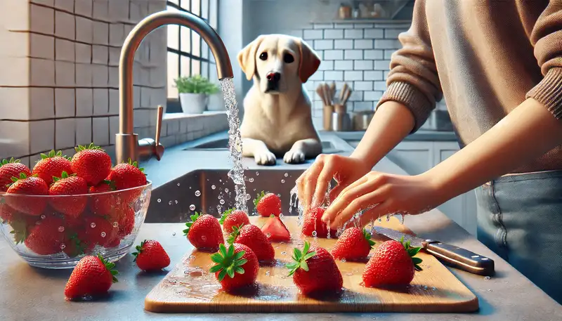 "Dürfen Hunde Erdbeeren essen: Ein Hund schaut neugierig zu, wie Erdbeeren in einer Küche unter fließendem Wasser gewaschen und in kleine Stücke geschnitten werden, um sie sicher zu füttern."