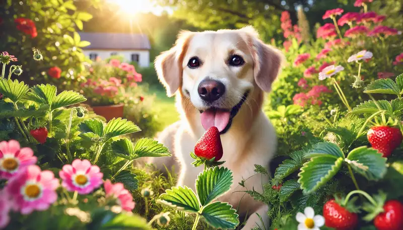 "Dürfen Hunde Erdbeeren essen: Ein gesunder, glücklicher Hund frisst eine reife Erdbeere in einem sonnigen Garten und zeigt die positiven gesundheitlichen Vorteile dieser Frucht."