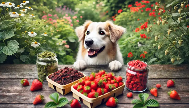 "Dürfen Hunde Erdbeeren essen: Ein glücklicher Hund sitzt im Garten und schaut neugierig auf frische, getrocknete und gefriergetrocknete Erdbeeren auf einem Holztisch."