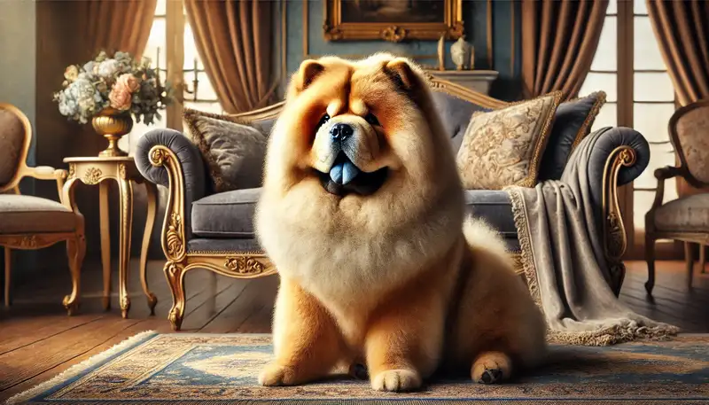 Ein majestätischer Chow Chow sitzt in einer gemütlichen, königlichen Umgebung mit luxuriösen Kissen und eleganter Dekoration. Seine blaue Zunge ist sichtbar, und das weiche Licht hebt seine flauschige Erscheinung hervor.