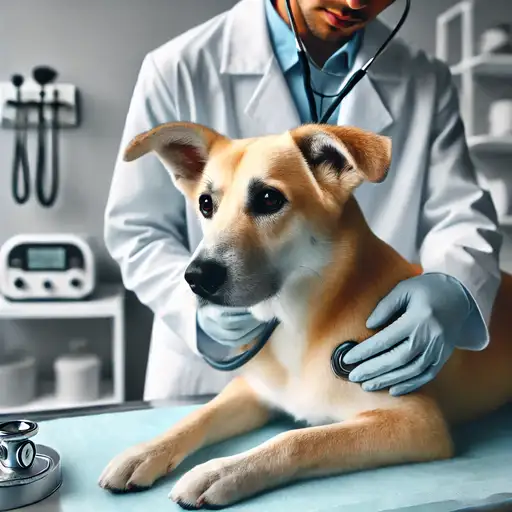 Ein Hund wird in einer Tierklinik auf spezifische Gesundheitsprobleme hin untersucht, während der Tierarzt den Hund sanft abtastet.