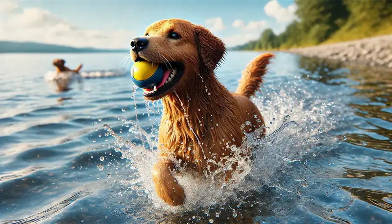 "Ein fröhlicher Golden Retriever springt mit einem Ball im Maul ins Wasser. Das nasse Fell und das glitzernde Wasser unterstreichen die spielerische Natur des Hundes, der sichtlich Freude am Apportieren hat. Die Szene spielt sich an einem sonnigen Tag an einem See ab."