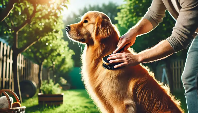 Ein Golden Retriever wird draußen gebürstet, während sein glänzendes, goldenes Fell im Sonnenlicht reflektiert. Der Hund steht ruhig in einem grünen Garten und genießt die Aufmerksamkeit. Die Szene zeigt eine entspannte Pflege und betont die gesunde Fellstruktur des Hundes."