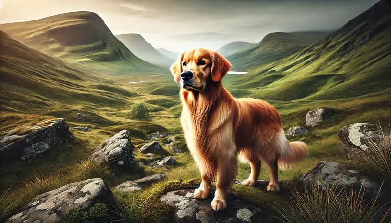 "Ein Golden Retriever steht in der malerischen Landschaft der schottischen Highlands, umgeben von grünen Hügeln und felsigem Gelände. Der goldene Pelz des Hundes hebt sich vor der dramatischen, nebligen Kulisse ab und symbolisiert die Ursprünge der Hunderasse in Schottland."