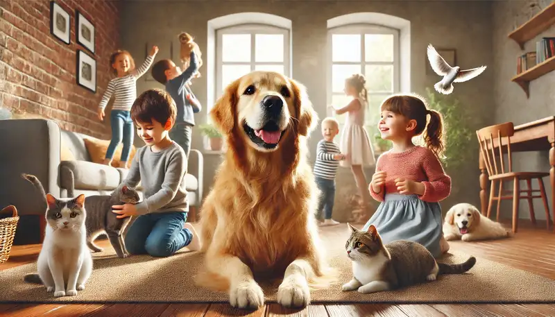 "Ein entspannter Golden Retriever spielt fröhlich mit Kindern und einer Katze in einem gemütlichen Wohnzimmer. Das warme Sonnenlicht, das durch die Fenster strömt, unterstreicht die friedliche und freundliche Atmosphäre zwischen dem Hund, den Kindern und den anderen Haustieren."