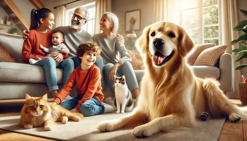 "Ein Golden Retriever sitzt entspannt in einem gemütlichen Wohnzimmer, umgeben von Kindern und anderen Haustieren, darunter eine Katze. Die warme Atmosphäre und das freundliche Verhalten des Hundes zeigen seine gute Integration in die Familie."