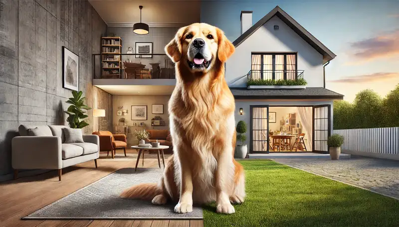 "Ein wunderschöner Golden Retriever sitzt stolz vor zwei Kulissen: auf der linken Seite ein gemütliches, modernes Apartment mit Möbeln und auf der rechten Seite ein Haus mit einem großen Garten. Beide Wohnsituationen zeigen, wie gut der Hund sich an verschiedene Lebensräume anpassen kann."