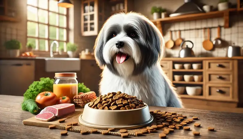 Ein Havaneser frisst glücklich aus einem Napf mit hochwertigem Hundefutter, umgeben von frischen Zutaten wie Gemüse und Fleisch, in einer warmen und einladenden Küche.