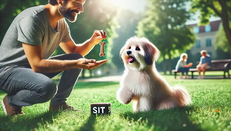Ein Havaneser führt freudig einen „Sitz“-Befehl während eines Trainings im sonnigen Park aus, belohnt durch eine Person mit einem Leckerli.