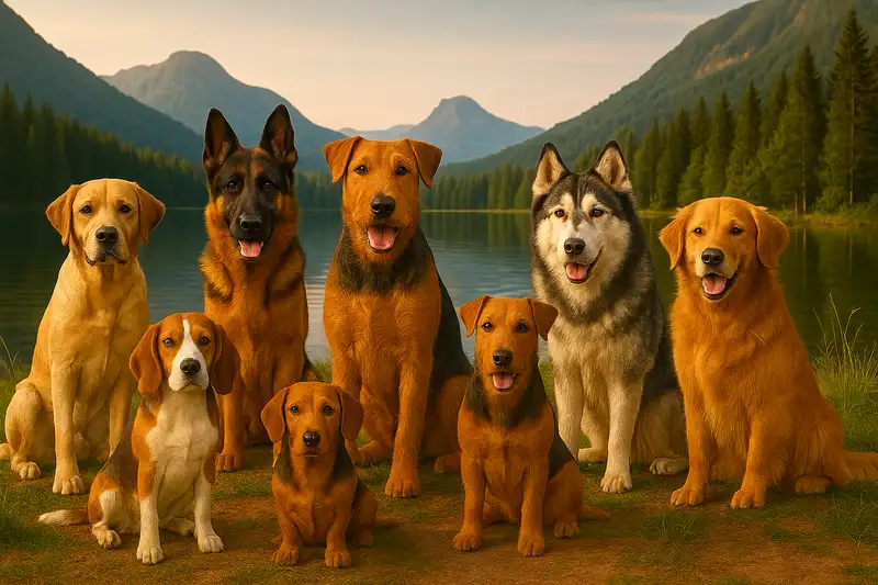 „Gruppe von Hunden verschiedener Rassen – Labrador Retriever, Deutscher Schäferhund, Beagle, Husky, Airedale-Terrier, Golden Retriever und Dackel – sitzt gemeinsam vor einem idyllischen Bergsee mit Wäldern im Hintergrund, fotorealistisch bei goldenem Sonnenlicht.“