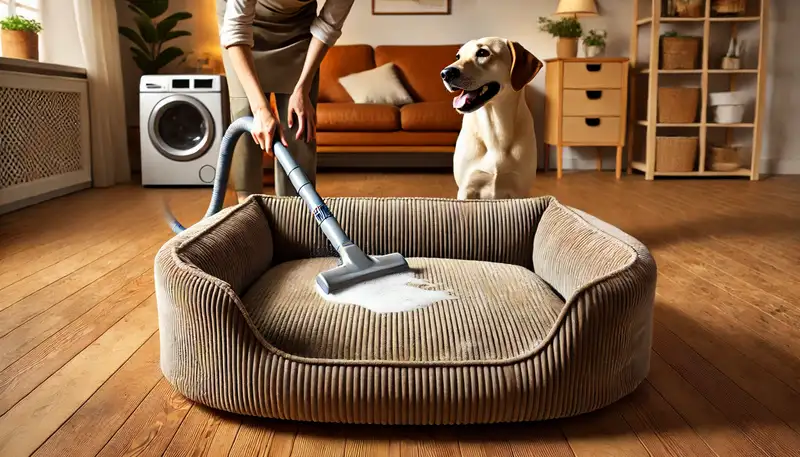 Hundebett Cord: Ein gemütliches Hundebett aus Cordstoff in einem modernen Zuhause, das sanft gereinigt wird. Die Szene zeigt einen abnehmbaren Bezug, wasserabweisendes Material und die einfache Pflege des Bettes, während ein glücklicher, sauberer Hund in der Nähe wartet.