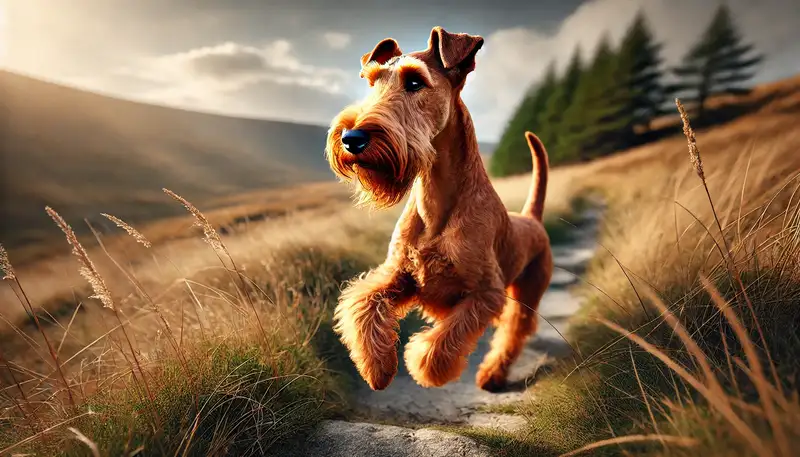 Ein lebhafter Irish Terrier mit feurig rotem, drahtigem Fell und typischen V-förmig gefalteten Ohren erkundet aufmerksam eine malerische Naturlandschaft. Sein entschlossener Ausdruck und seine dynamische Haltung zeigen Abenteuerlust und Wachsamkeit. Im Hintergrund sind hohe Gräser, sonnenbeschienene Bäume und ein einladender Wanderweg zu sehen, die seine aktive und neugierige Natur perfekt unterstreichen.