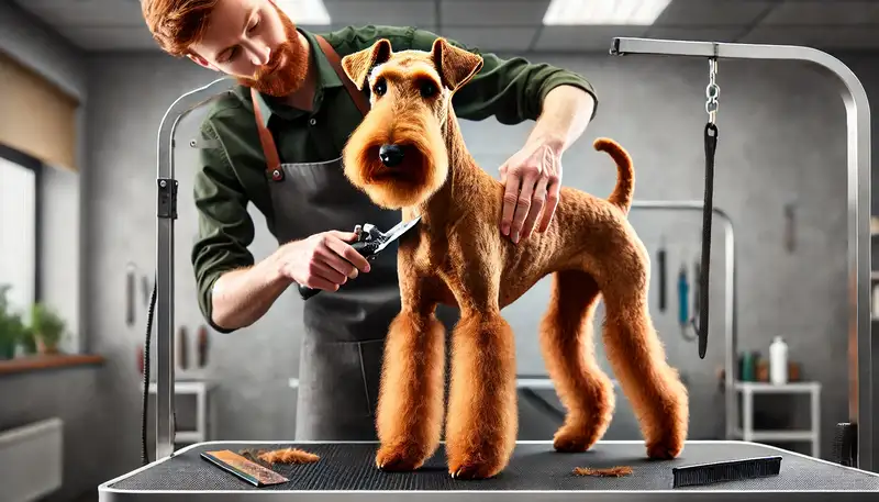 Ein Irish Terrier mit feurig rotem, drahtigem Fell und typischen V-förmig gefalteten Ohren steht ruhig auf einem Trimmtisch in einem hellen, professionellen Hundesalon. Ein Hundepfleger trimmt sorgfältig das dichte Fell mit einem Handstriegel, während gepflegte Pflegewerkzeuge im Hintergrund ordentlich angeordnet sind. Das Bild unterstreicht die Bedeutung der Fellpflege für diese charakterstarke Hunderasse.