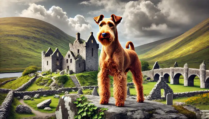 Ein Irish Terrier mit glänzendem, rotem Fell und typischen V-förmig gefalteten Ohren steht aufmerksam vor einer historischen irischen Burg, umgeben von grünen Hügeln und alten Steinmauern. Die Atmosphäre vermittelt irisches Erbe und geschichtsträchtige Traditionen.