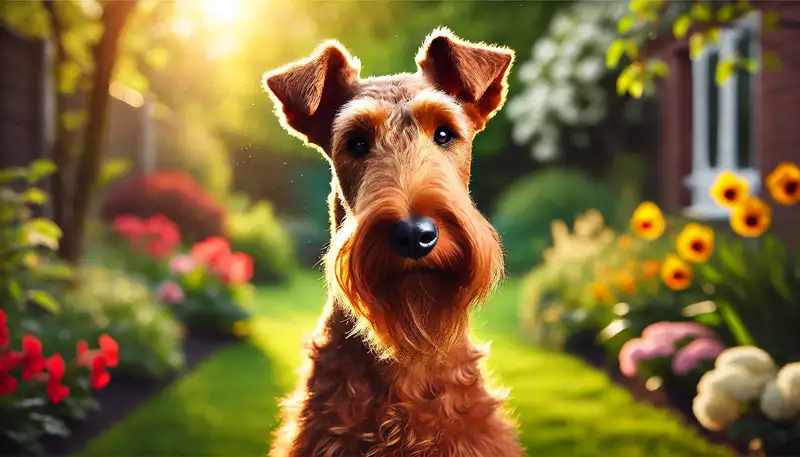 Ein Irish Terrier mit feurig rotem, drahtigem Fell und korrekt gefalteten, nach vorn geneigten Kippohren (V-förmig und eng anliegend) steht stolz in einem sonnigen Garten. Sein aufmerksamer und intelligenter Ausdruck spiegelt seine edle und selbstbewusste Natur wider. Im Hintergrund sind eine grüne Wiese, blühende Blumen und warmes Sonnenlicht zu sehen, die die natürliche Eleganz und den Charakter des Hundes betonen.