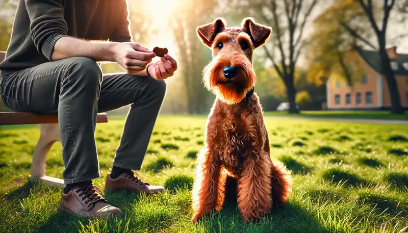 Ein Irish Terrier mit feurig rotem, drahtigem Fell und korrekt nach vorn gefalteten V-förmigen Ohren sitzt aufmerksam in einem sonnigen Park. Der Hund hält konzentrierten Blickkontakt mit seinem Trainer, der ein Leckerli zur Belohnung bereithält. Im Hintergrund erstrecken sich grüne Wiesen und Bäume, die eine positive und motivierende Trainingsumgebung schaffen.