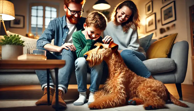 Ein Irish Terrier mit feurig rotem, drahtigem Fell und typischen V-förmig gefalteten Ohren liegt liebevoll mit dem Kopf auf dem Schoß eines Kindes, das es sanft streichelt. Die Eltern sitzen lächelnd in einem gemütlichen Wohnzimmer mit warmer Beleuchtung und einladender Einrichtung, was eine Atmosphäre voller Geborgenheit und Familienverbundenheit schafft.