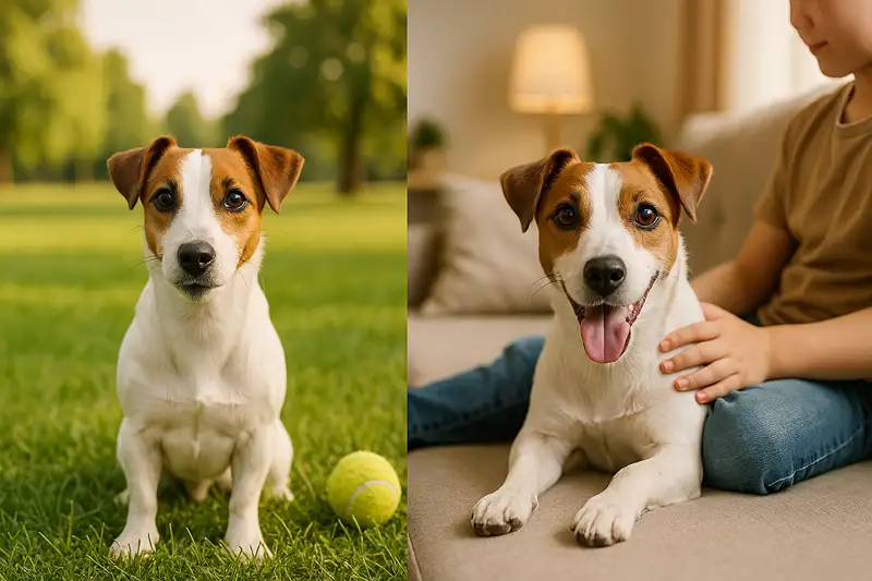 „Jack Russell Terrier sitzt glücklich vor zwei Wohnsituationen – links Einfamilienhaus mit Garten, rechts moderne Wohnung – zeigt, dass der Jack Russell sowohl im Haus als auch in der Wohnung als Familienhund gut leben kann.“