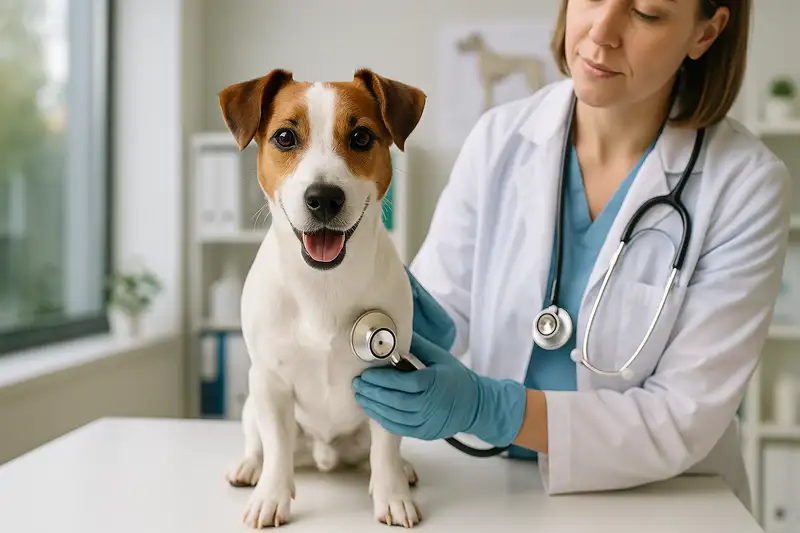 „Jack Russell Terrier bei der Untersuchung in der Tierarztpraxis – Tierärztin hört mit Stethoskop Herz und Lunge des kleinen, gesunden Familienhundes ab.“